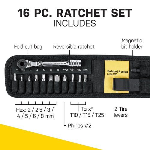 Topeak Ratchet Rocket Lite DX Bike Repair and Maintenance Tool, 16 Functions, Includes Nylon Bag, Black