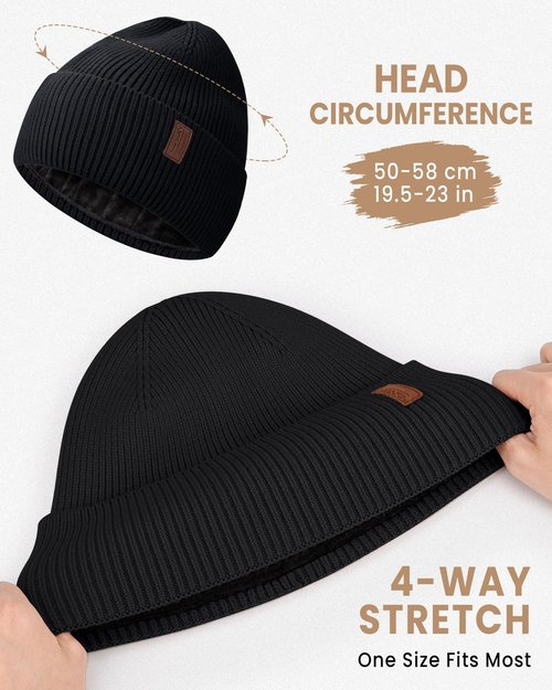 Fleece Lined Winter Beanie for Men Women Warm Windproof Beanies Hats Thick Knit Winter Hat for Cold Weather Black