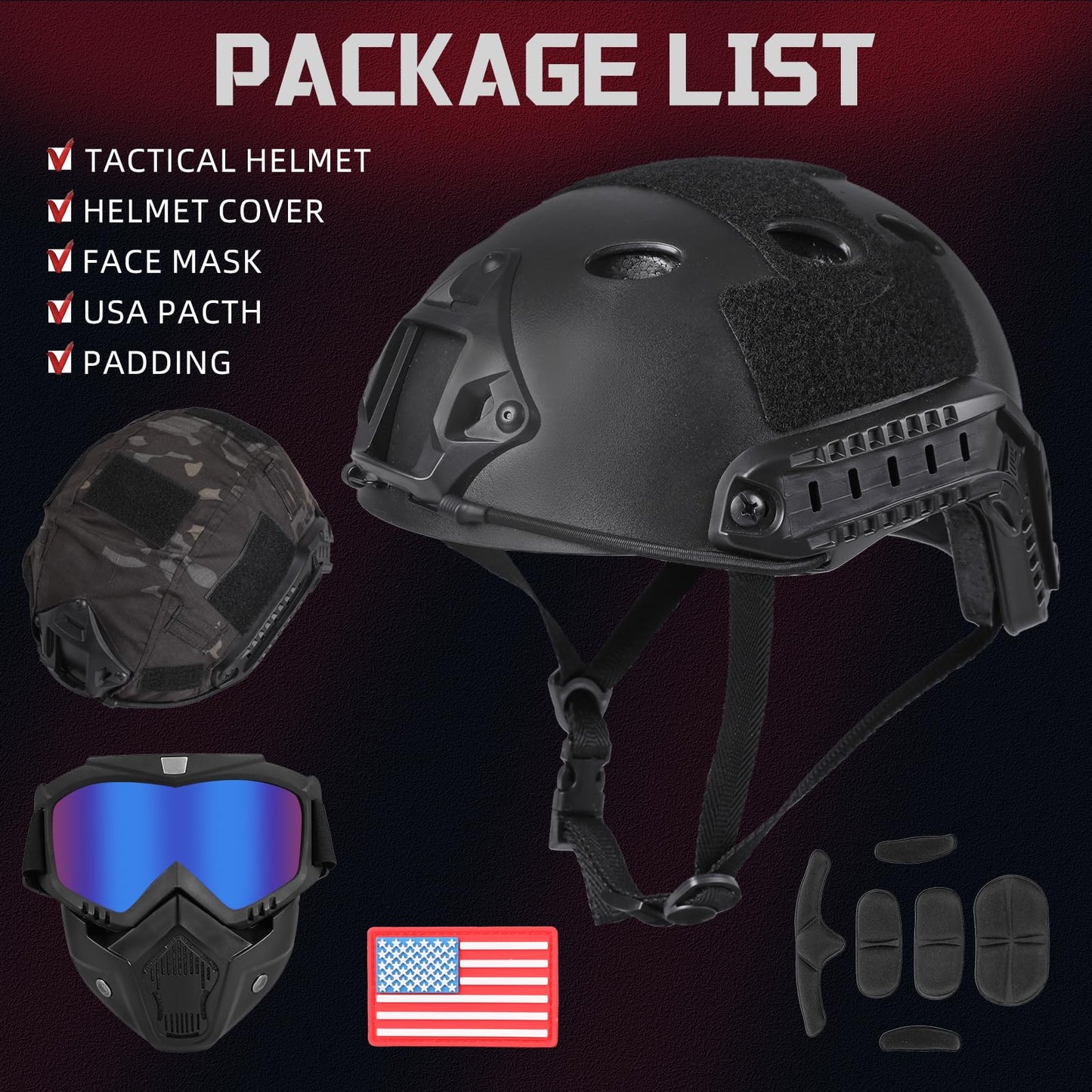 DTACGERA Adult Airsoft Helmet with Helmet Cover & Face Mask, PJ Type Tactical Fast Helmet for Paintball CS Wargame Cosplay Outdoor Activities (bk-3)