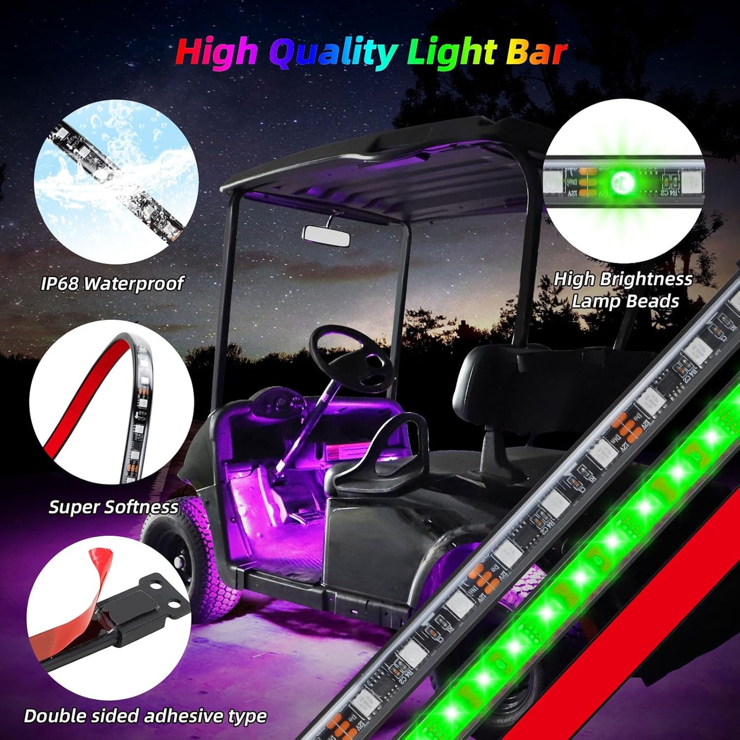 Roykaw Golf Cart LED Strip Lights - Waterproof Neon Accent Kit with Wheel Well & Interior Lights | Sync to Music, Fits 12V-80V, 12 PCS