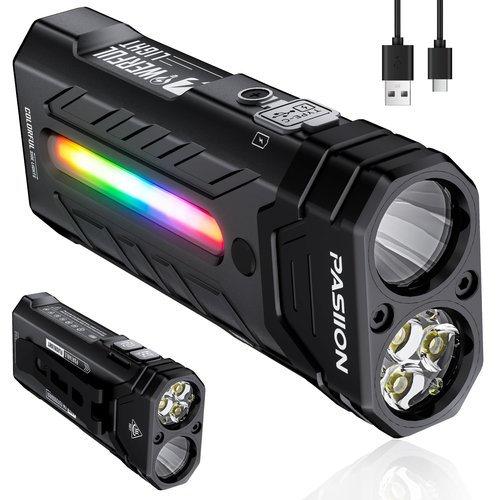 EDC Rechargeable Flashlight 3250 Lumens with RGB Light,55 Modes Multifunctional Flat Flashlight with Floodlight,Spotlight and Magnetic Base,Waterproof USB C Flashlight for Camping,Home,Emergencies