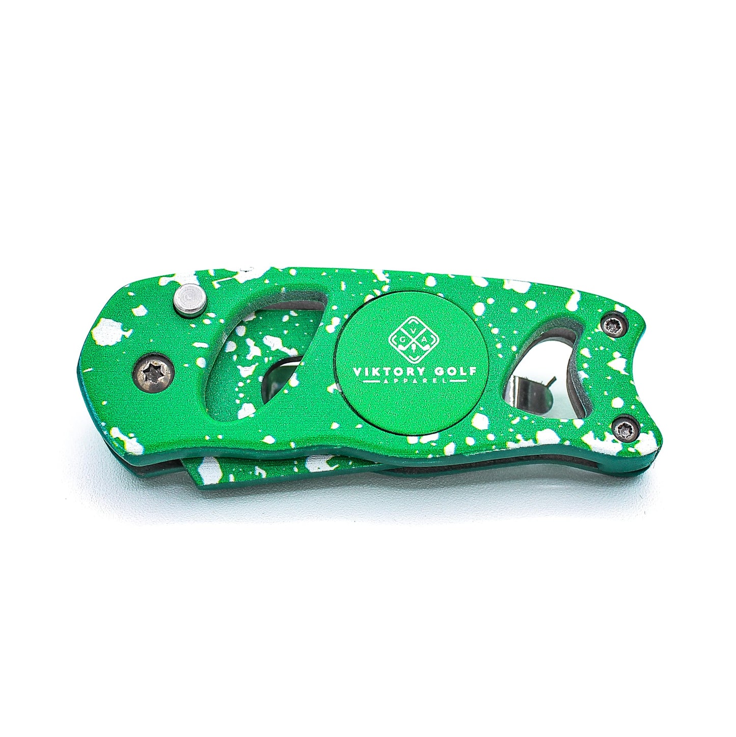 Switch Blade Style Precision Divot Tool – Chaos Edition - Compact & Lightweight - Foldable - Pop-Out Spring Action - Color Matched Magnetic Ball Marker (Shamrock Green & Frost White)