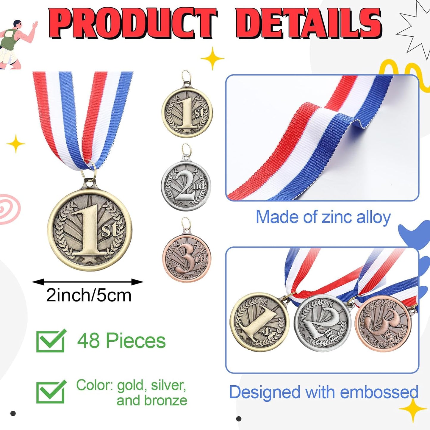 RoundFunny Award Medals - 1st, 2nd, 3rd Place Gold, Silver, Bronze Medals with Neck Ribbon | 2-Inch Trophy for Sports Competitions