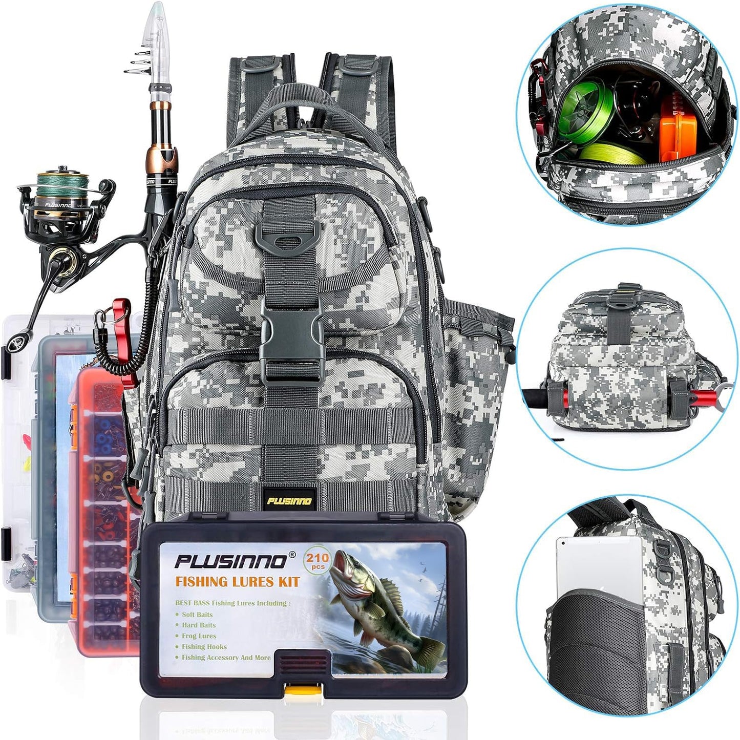 PLUSINNO Fishing Backpack Tackle Bag, Water-Resistant Backpack with Rod Holder, Ideal Shoulder Bag Gifts for Men