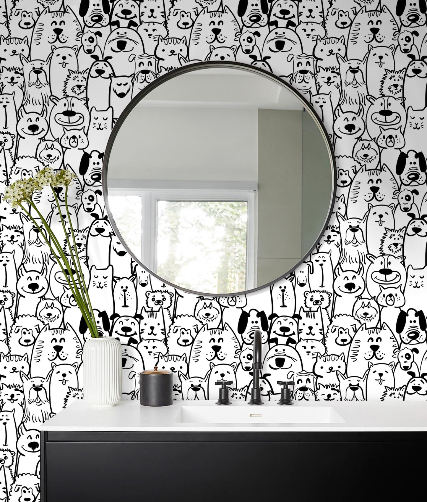 Fiula Peel and Stick Wallpaper Contact Paper Black and White Wallpaper Modern Dog Animal Wall Paper Textured Self Adhesive Removable Wallpaper for Nursery Kids Room Shelf Liner Vinyl Roll 78.7"x17.3"