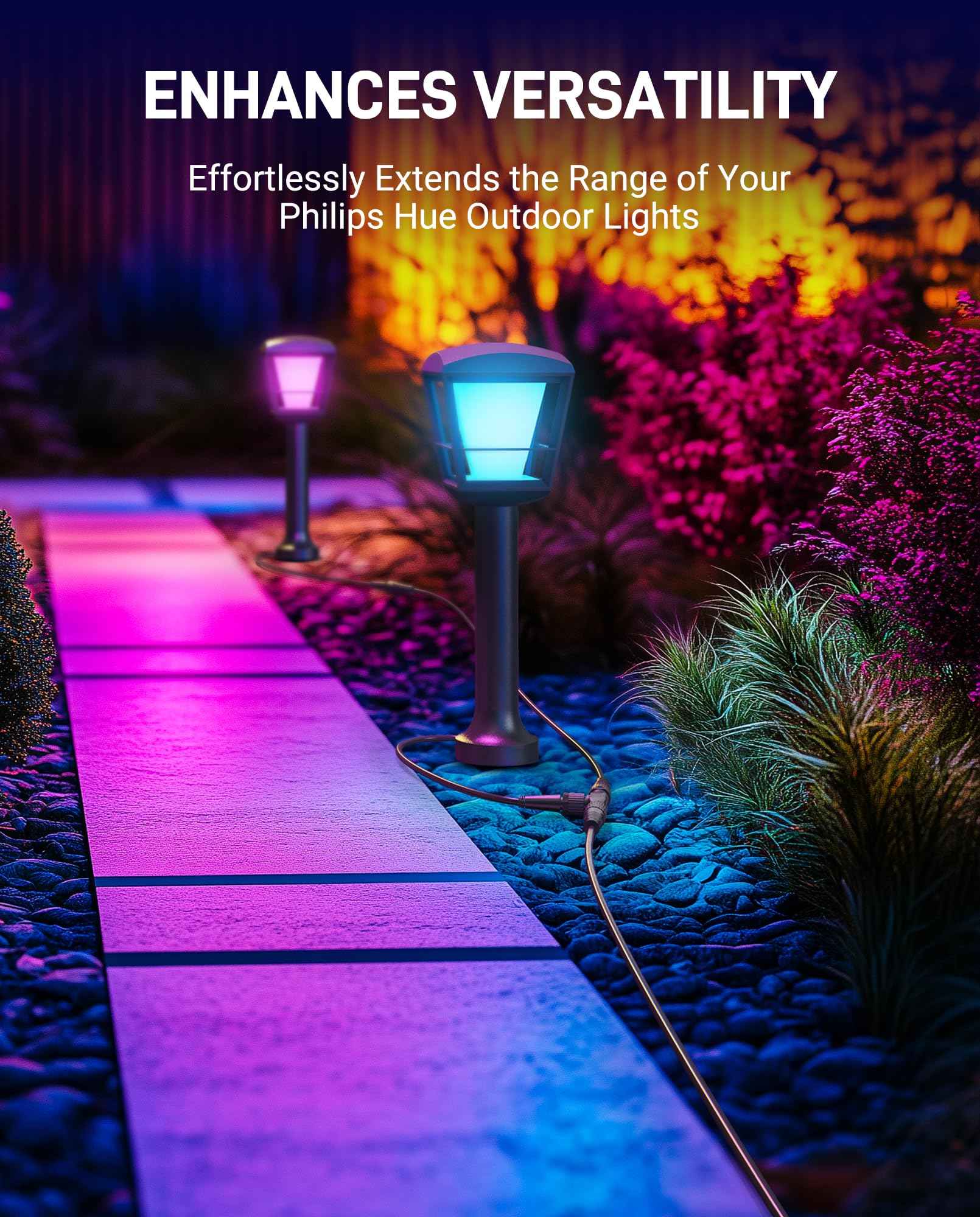 8FT+T Connector Waterproof Extension Cable for Philips Hue Outdoor 24V Lights – Compatible with Lily Spot, Calla Pathway, Impress Pedestal & Wall Light, Amarant – Male to Female Connector