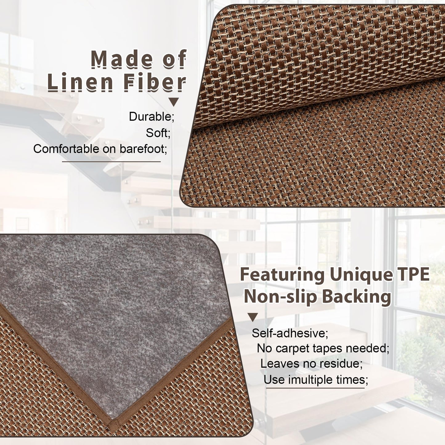 SMILOOL Non Slip Stair Landing Rug for Wooden Steps Indoor, Stair Landing Mat Square 20" x 32" Landing Rugs for Wood Stairs, Carpet Stair Treads Matching Mats for Pet, Brown