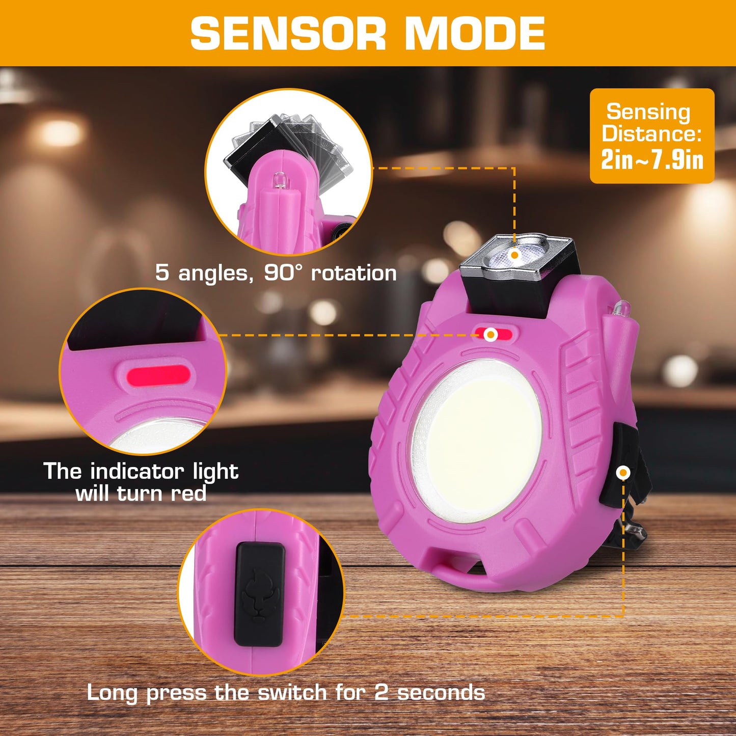 EverBrite Keychain Work Light, Hat Clip Light, Mini Rechargeable Magnetic Keychain Light with Sensor Mode, Versatile Small Keychain Flashlights, Portable, Waterproof for Camping, Hiking, 6 Modes, Pink