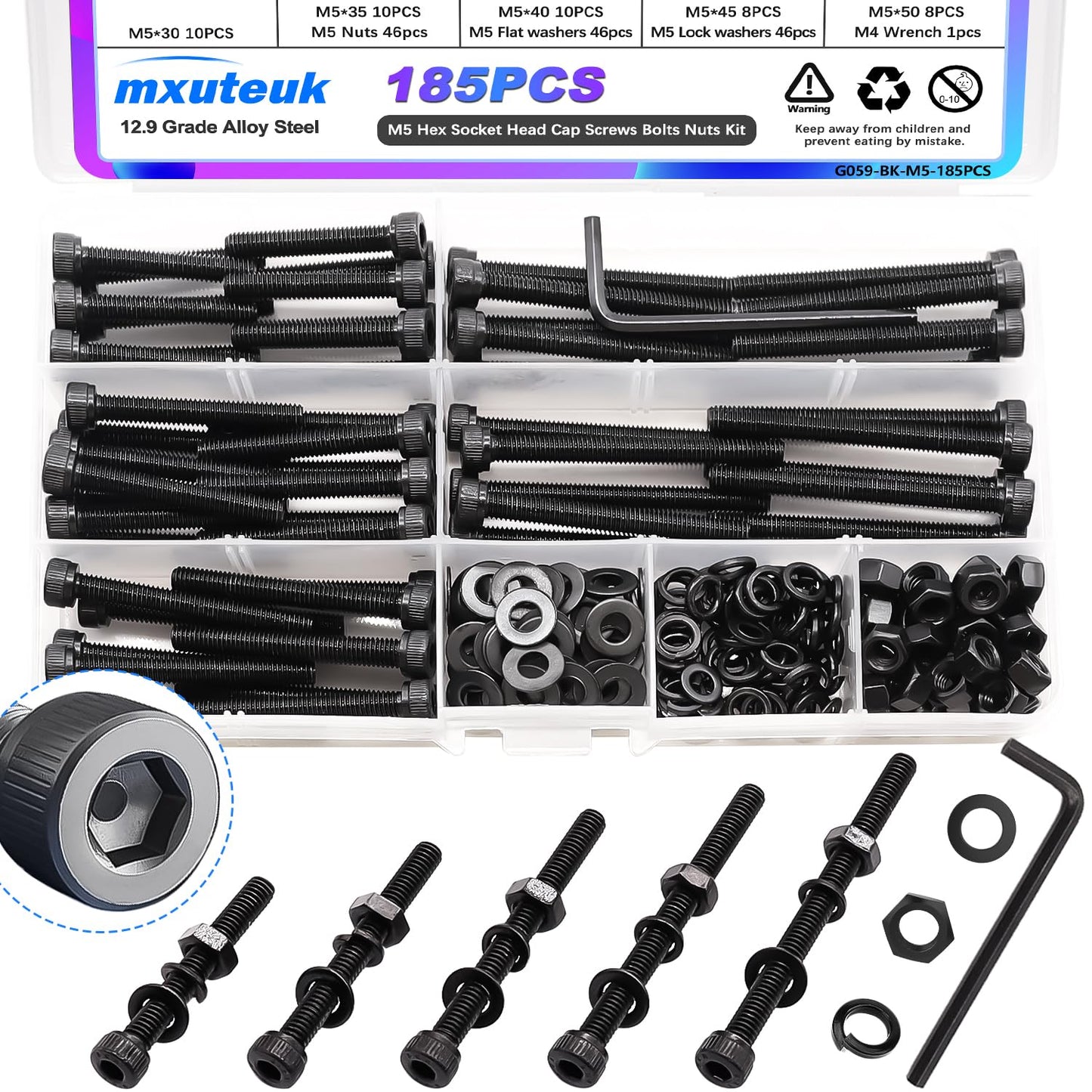mxuteuk 185PCS M5 Screws Assortment Set, M5 Hex Socket Head Cap Screws Bolts Nuts Kit, 12.9 Grade Alloy Steel Bolts with Hex Wrench