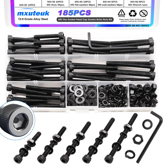 mxuteuk 185PCS M5 Screws Assortment Set, M5 Hex Socket Head Cap Screws Bolts Nuts Kit, 12.9 Grade Alloy Steel Bolts with Hex Wrench