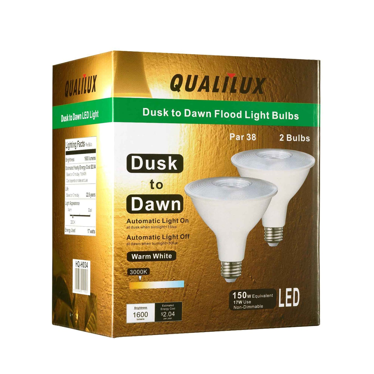 Qualilux PAR38 Dusk to Dawn LED Bulbs, Warm White 3000K, 150W Equivalent, 1600LM, Auto On/Off Sensing Flood Outdoor Bulb, 17W, 2 Pack, Non-Dimmable, HQ-H034