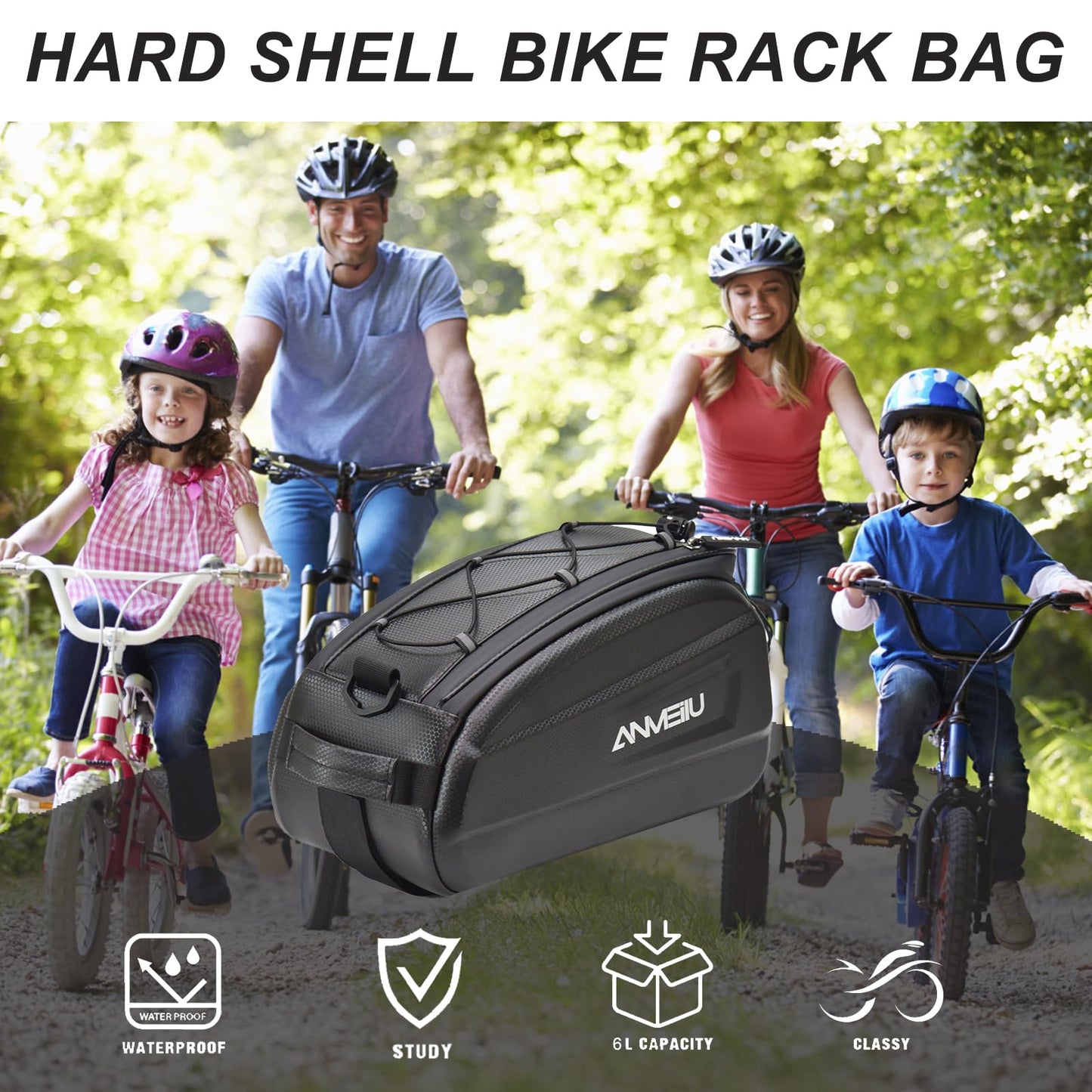 ANMEILU Bike Rack Bag Bicycle Trunk Pannier Bag 6L Waterproof Bike Rear Rack Bag Water Resistant Zipper Cycling Pack Back Seat Cargo Pouch with Strap & Rain Cover