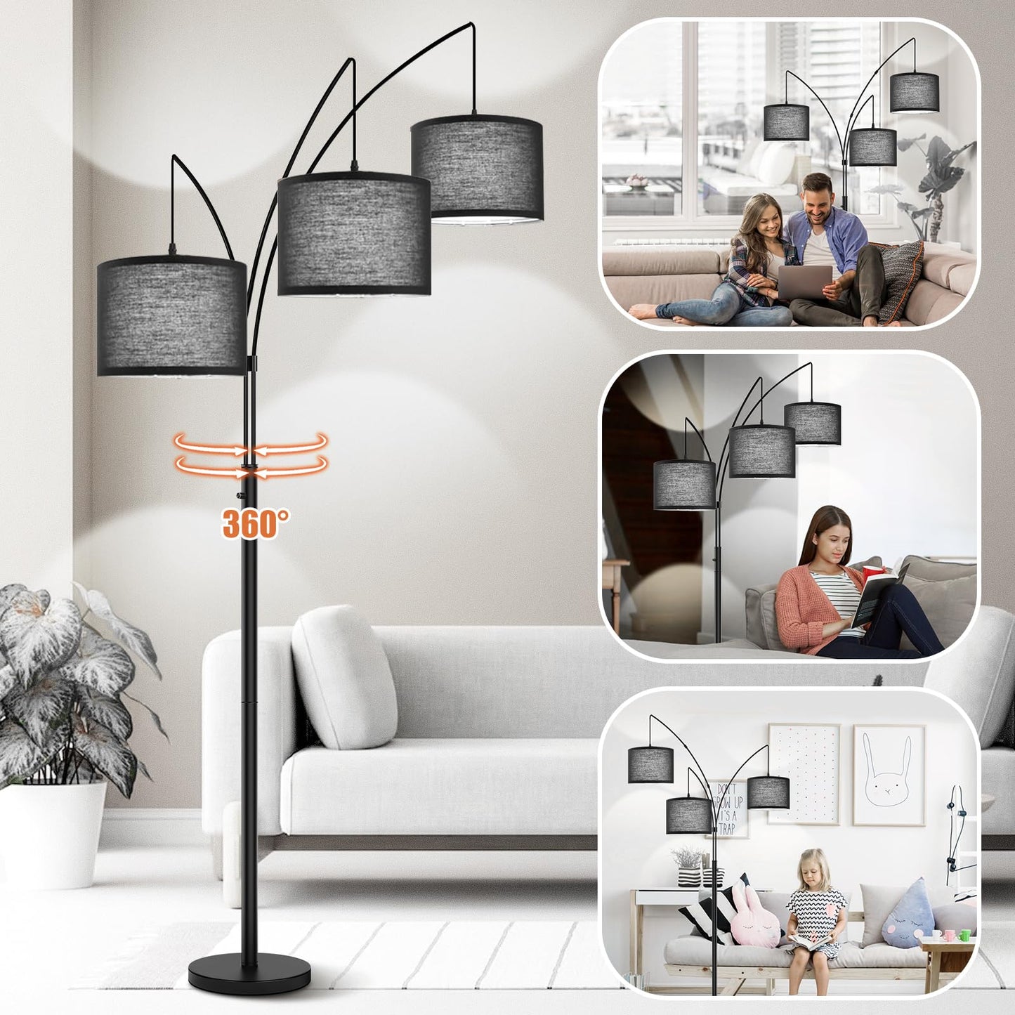 3 Lights Arc Floor Lamps for Living Room, Black Modern Tall Standing Lamp Hanging Over The Couch with Shades & Heavy Base,Mid Century Tree Floor Lamp for Bedroom Office