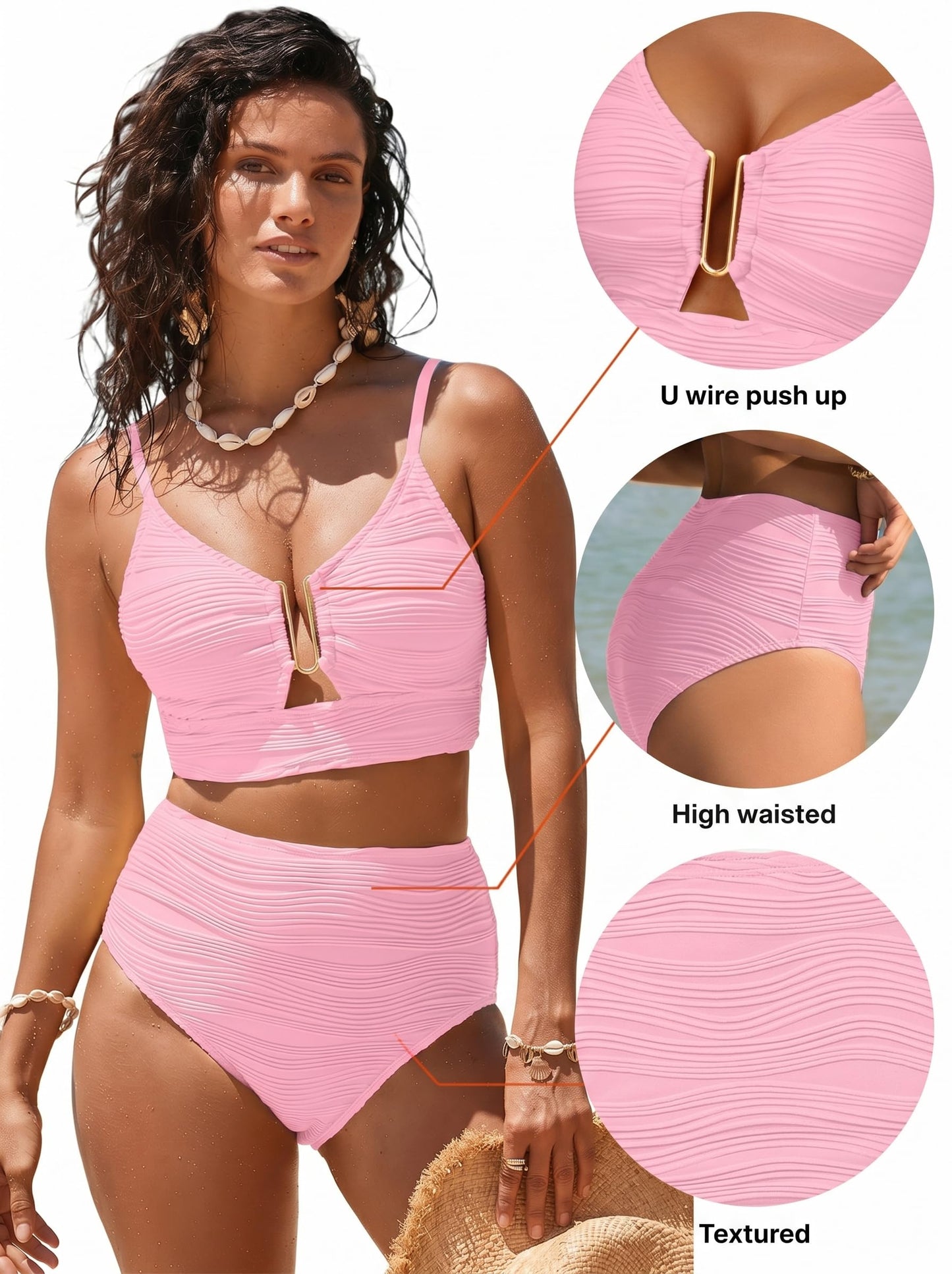 Herseas Women's High Waisted Bikini Sets V Neck Spaghetti Straps Push Up Full Coverage Tummy Control Swimwear Beach Essentials Ready Bathing Suit Pink Large