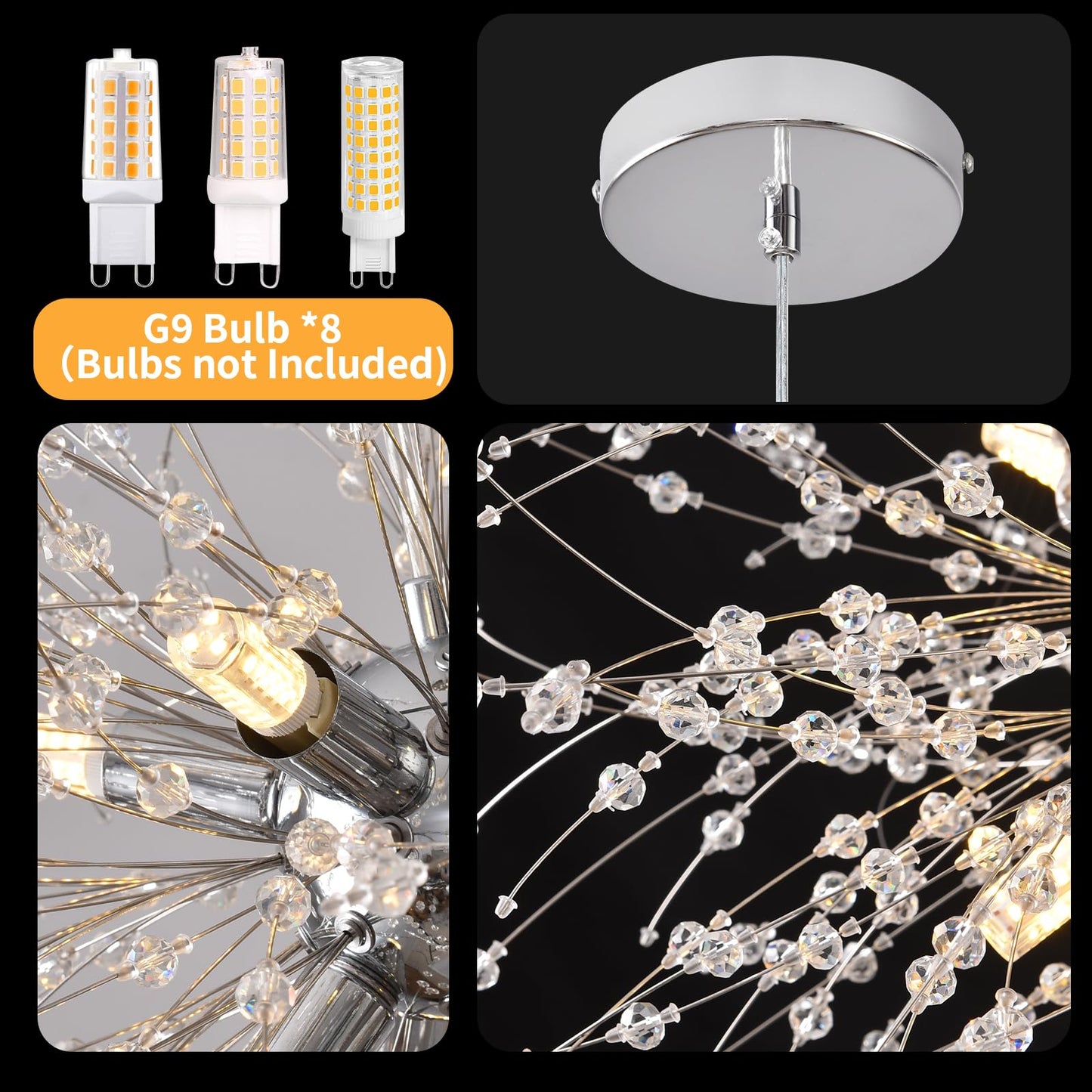 Plug in Crystal Chandeliers Firework, Dandelion Chandelier Modern, Gold Sputnik Pendant Light, 8 Light Hanging Ceiling Light Fixture G9 Socket for Dining Room Kitchen Bedroom Foyer Hallway Entryway