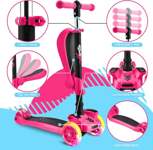 Hurtle 3-Wheeled Kids Scooter - LED Wheel Lights, Adjustable Handlebar, Foldable Seat | Ages 1-14