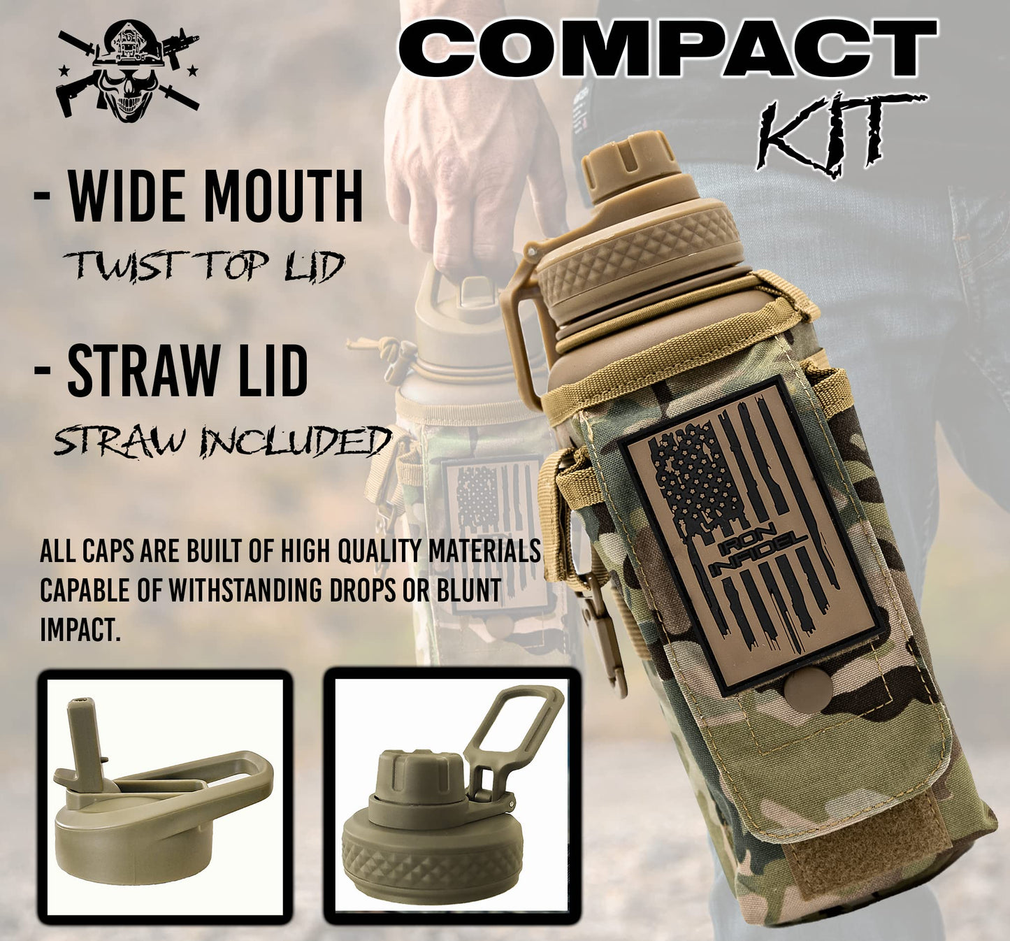 Iron Infidel Battle Bottle - 32 Oz Insulated Water Bottle with Straw Lid & Chug Cap, Stainless Steel Metal Tactical Flask With Rugged, Removable Sleeve for Keys & Phone or Wallet (OCP Camo 1 Liter)