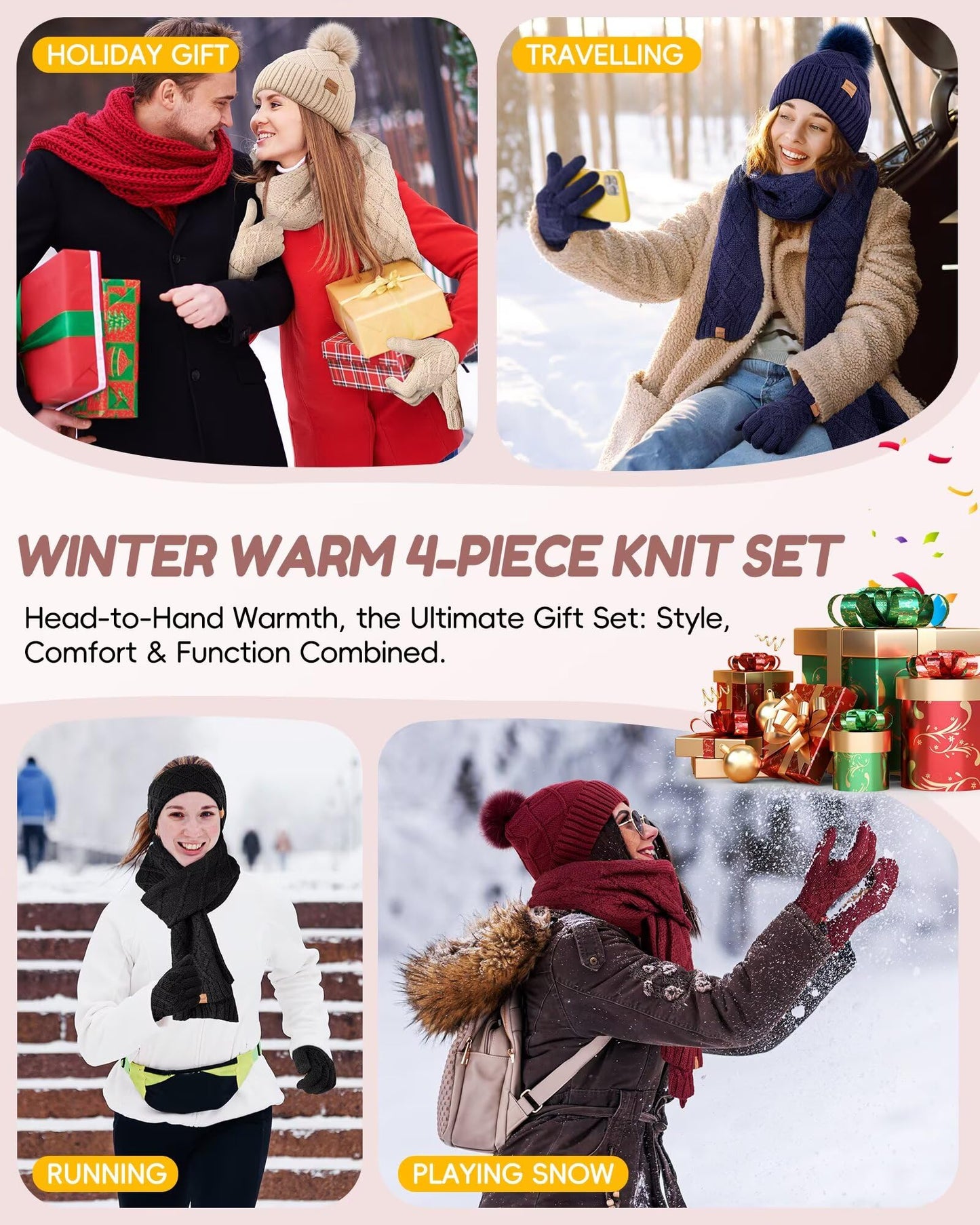 Womens Winter Hat Gloves Scarf Headband Set, Pom Pom Beanie with Fleece Lined Long Knit Neck Scarf Touchscreen Gloves Ear Warmer Headwear, 4 in 1 Warm Christmas Set for Cold Weather(Oatmeal)