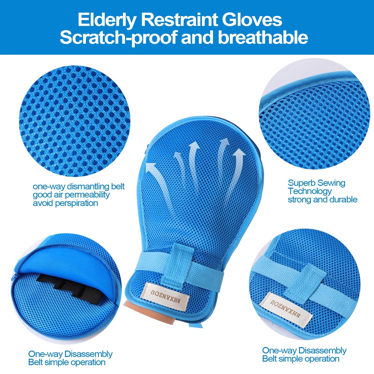 BHXANZOU Dementia Restraint Mitts - Anti-Scratch & Anti-Pull Safety Gloves for Elderly, Washable & Reusable with Finger Separation Design（1 Pair
