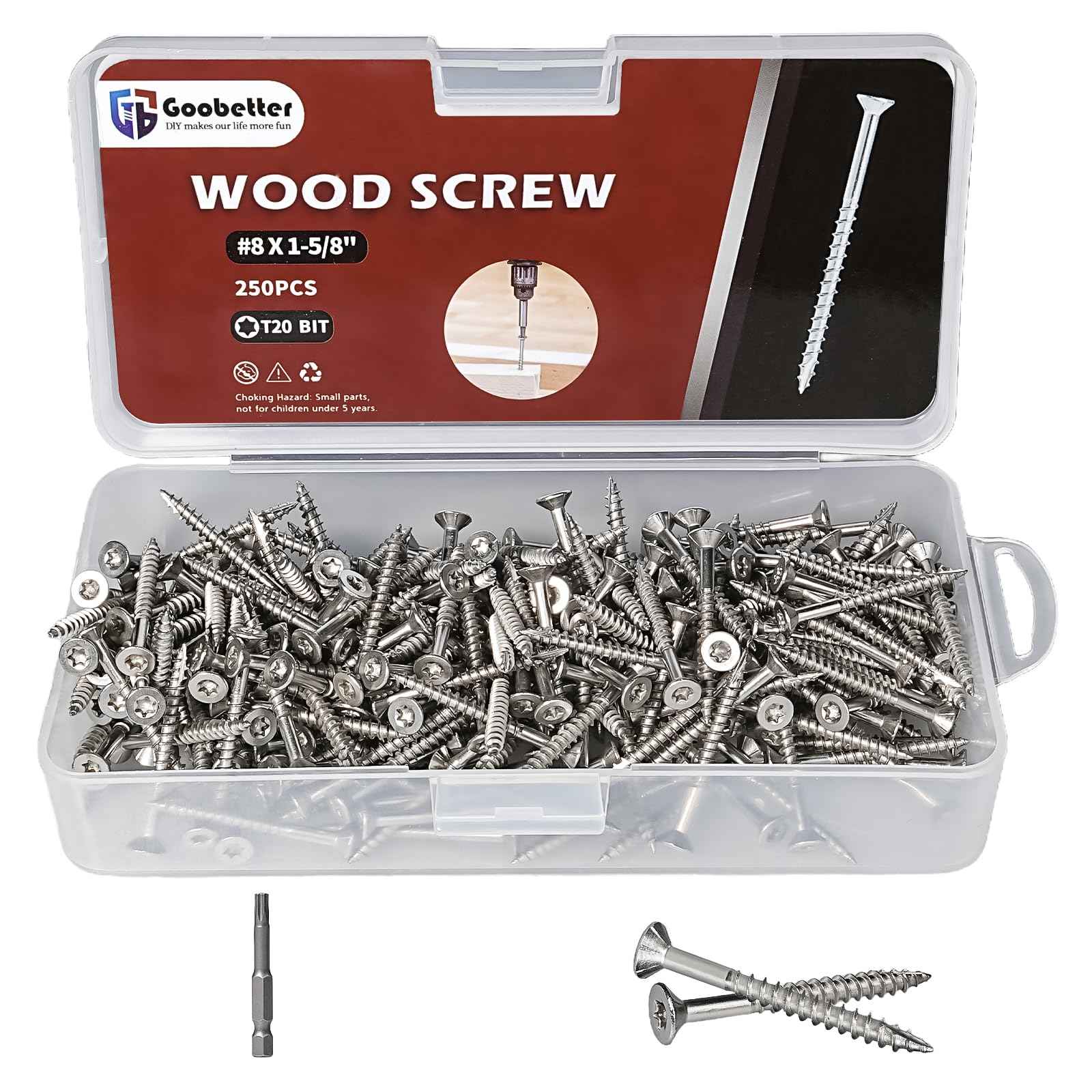 GOOBETTER #8 x 1-5/8" Exterior Wood Screws, 250 Pcs Deck Screws, Torx Head Screws, 304 Stainless Steel Corrosion-Resistant for Fencing, Decks, Outdoor Projects, Includes T20 Torx Bit