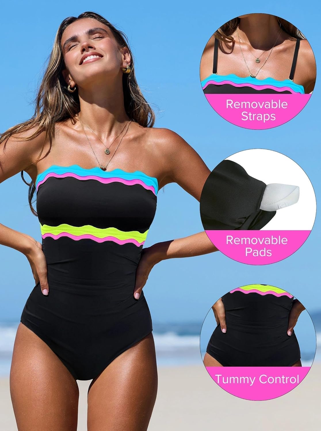 Popvil One Piece Swimsuits for Women - Tummy Control Strapless Neon Bandeau Swimwear 2026