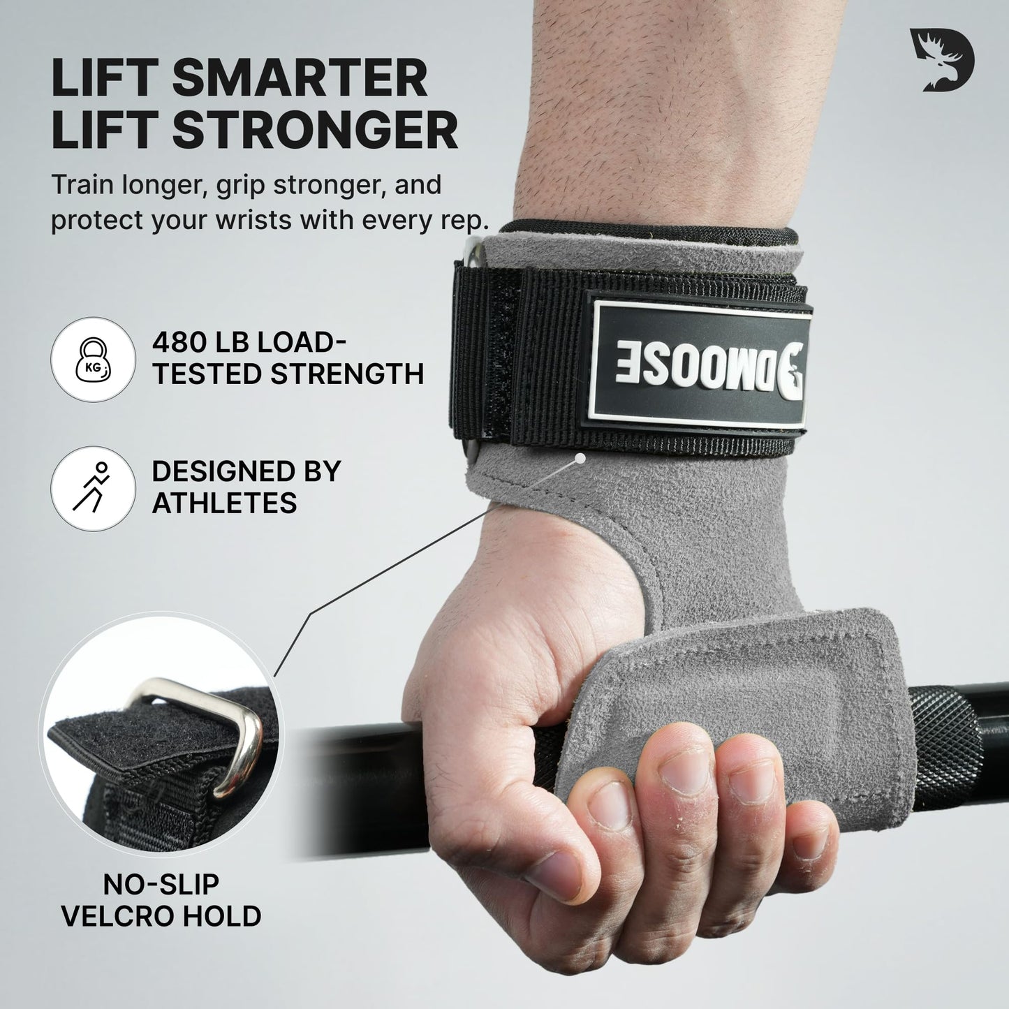 DMoose Fitness Weight Lifting Grips - Anti Slip Neoprene Padded Gym Straps for Powerlifting, Cross Training & Pullups - Wrist Support Grips for Deadlifts & Weight Lifting (Gray)