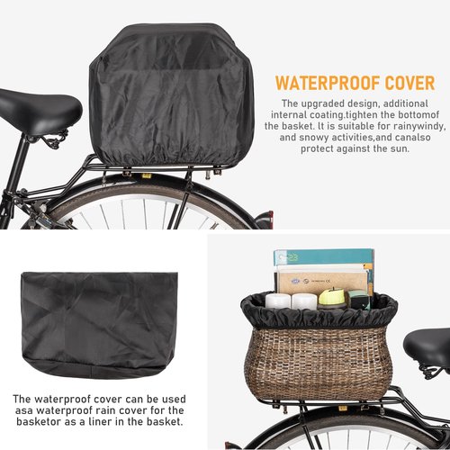 Bike Basket Rear, Handmade Rattan Bicycle Baskets with Waterproof Cover, Cruiser Bike Baskets for Women’, Retro Style Bike Baskets for Adult Bikes and Ebike