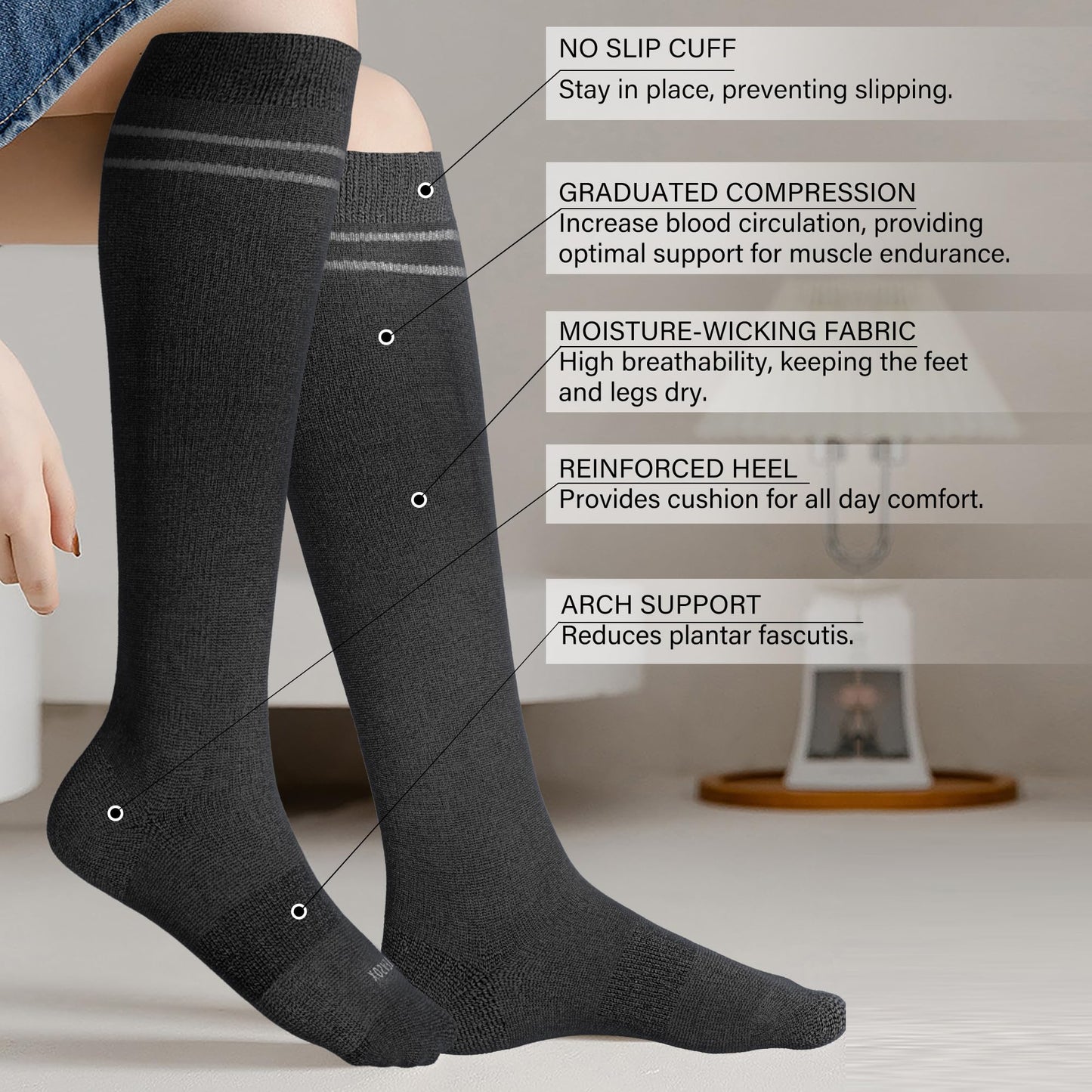 LEVSOX Viscose Made from Bamboo Compression Socks for Women&Men 20-30 mmHg Knee High Fun Cute Graduated Support Socks for Nurses, Pregnant Women, Travel and Flight, Medical, Grey