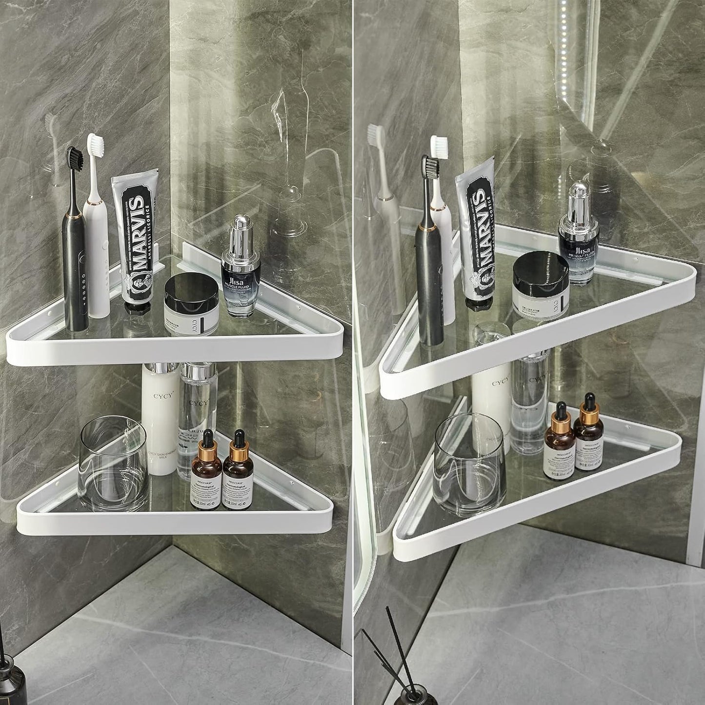Wall Mounted Glass Bathroom Shelves - 2-Tier Floating Organizer in Black