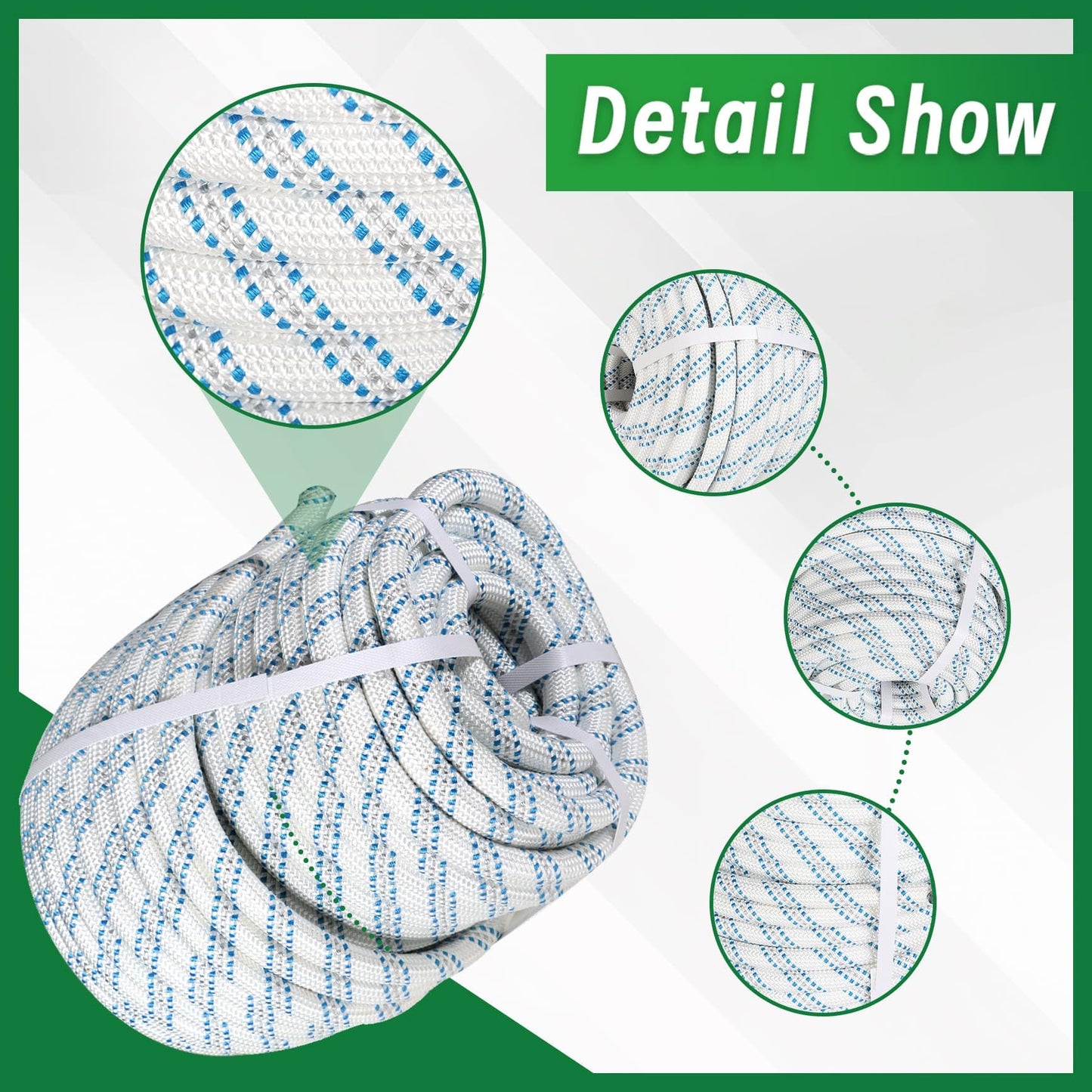 3/4 in 150 FT Braided Rope 16500 LBS Breaking Strength High Force Polyester Rope Suitable for Swing Camping Tree Work Arborist Rigging White Grey Blue