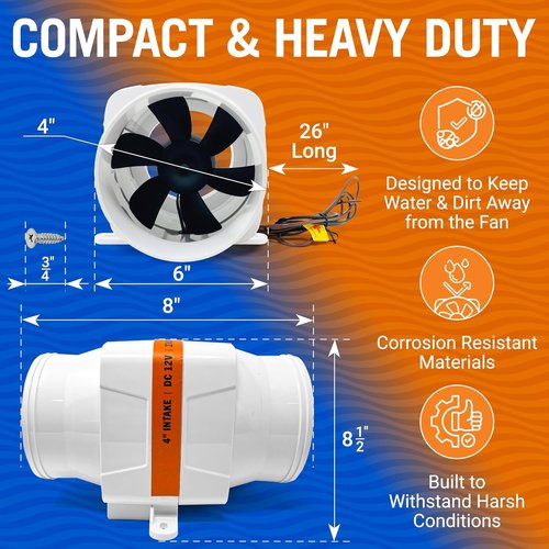 Better Boat Boat Blower Fan 12V for Engine Compartment, Bilge, Galley and Head, Marine Grade Inline Duct Fan, Available in 3 or 4 Inch