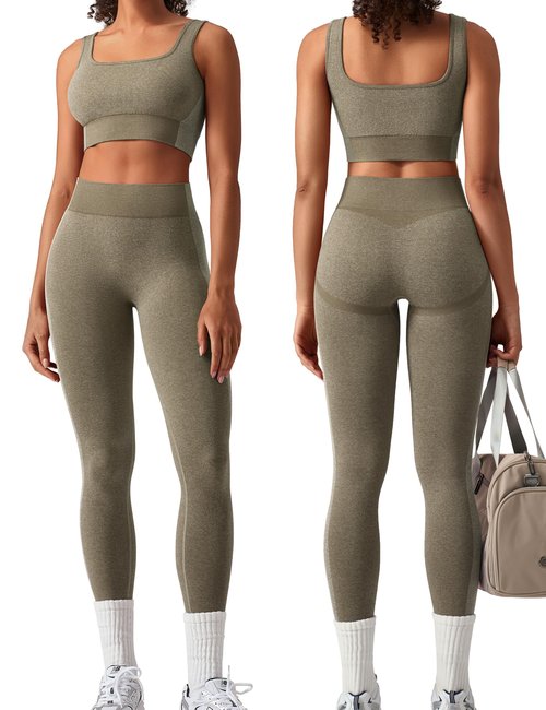 OLCHEE Womens Workout Sets 2 Piece Seamless Square Neck Sports Bra Padded Butt Lifting Leggings High Waist Yoga Gym Outfits - Olive Green Medium