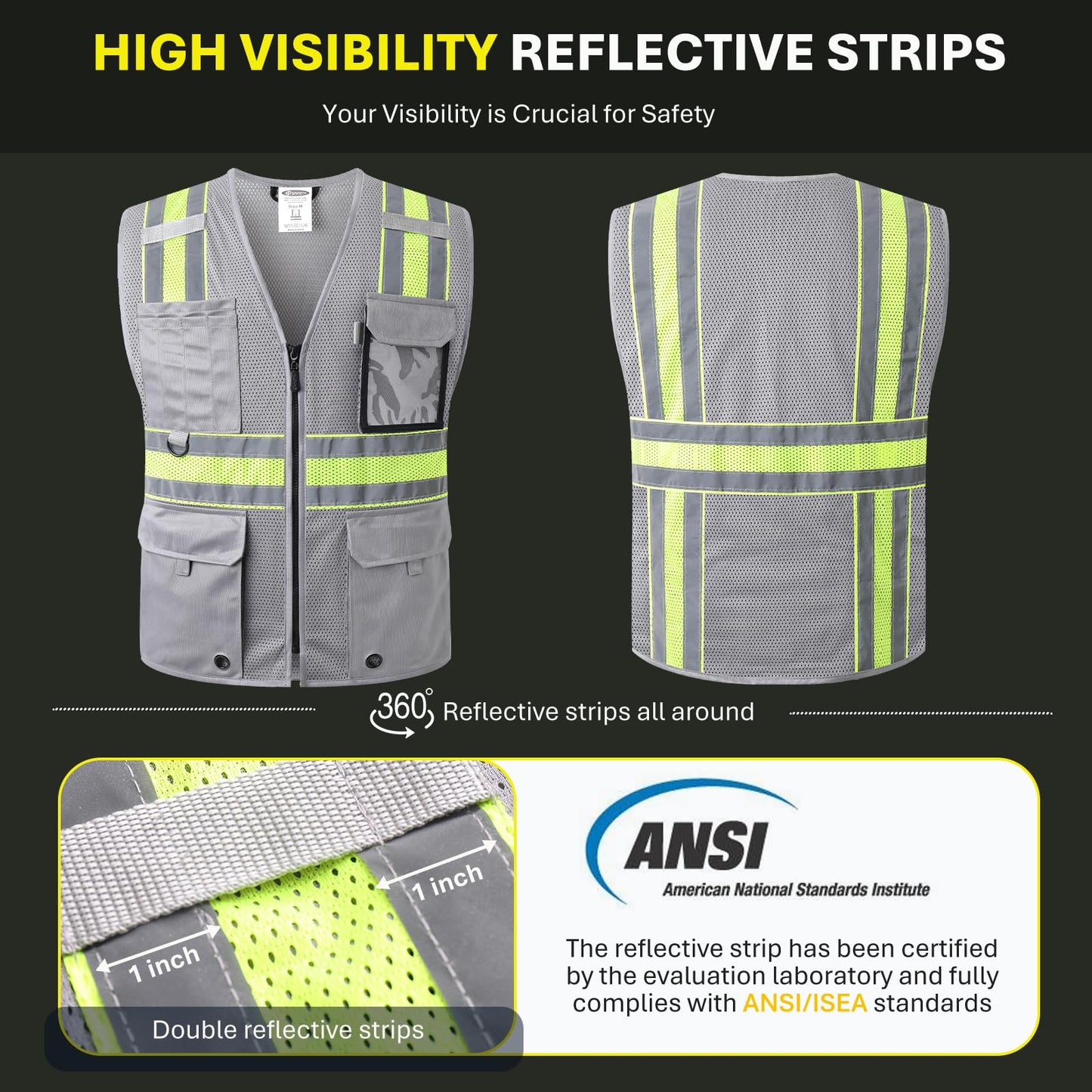 JKSafety Safety Vest for Men Women Hi Vis Relfective Vest with Pockets High Visibility Meet ANSI Standard Grey Color with Extended Yellow Strips (BX330-Grey M)