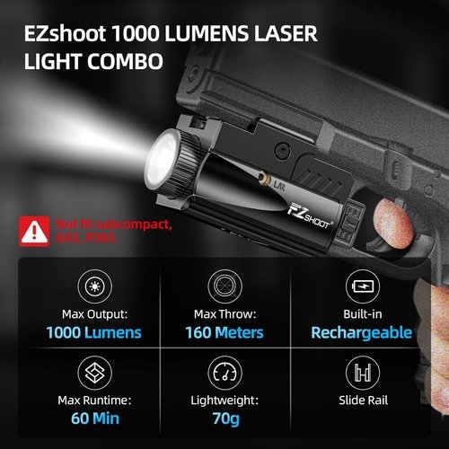 EZshoot 1000 Lumens Pistol Light - Rechargeable Gun Light with Red Laser Beam | Compatible with Glock & Picatinny Rail