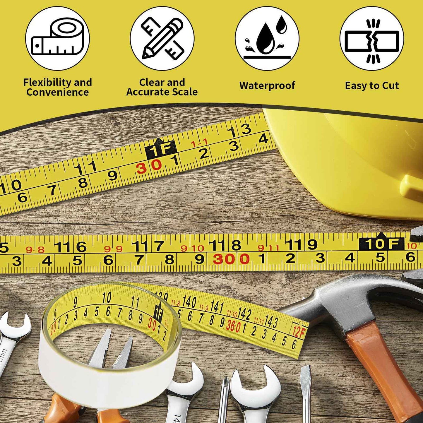 10 Packs Self Adhesive Measuring Tape Adhesive Tape Measure Stick on Tape Measure for Saw Drafting Table Work Woodworking Workbench (12 ft,Yellow)
