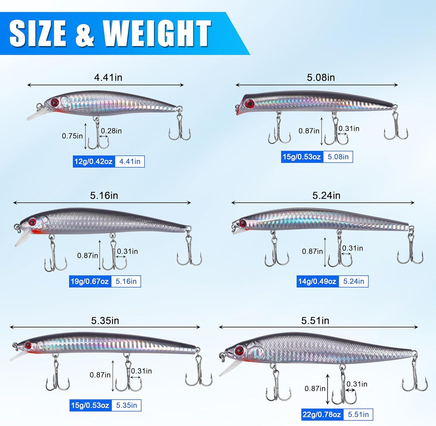 Skiennix Saltwater Fishing Lures Kit - 6pcs Surf Striper Minnow Jerkbait & Crankbait Plugs for Deep Sea Fishing
