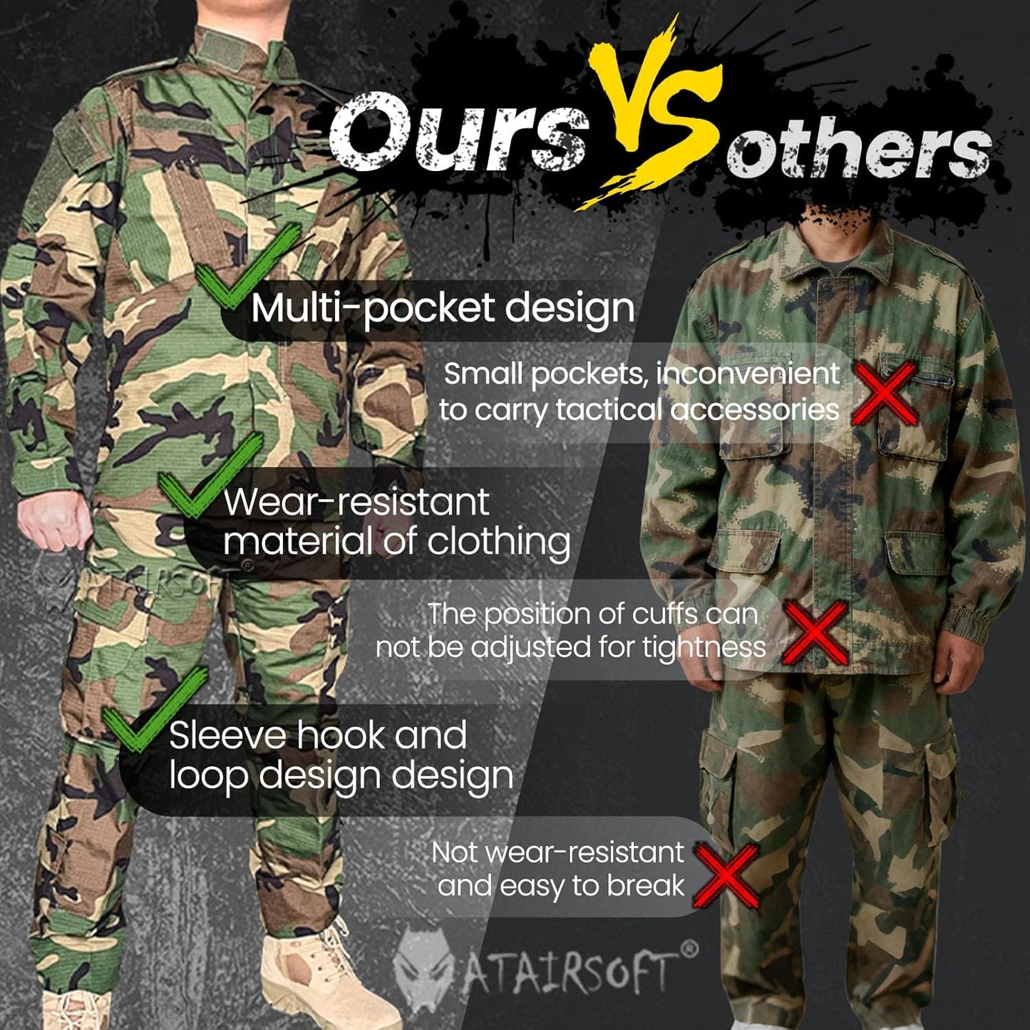 Skiennix Tactical Military Camo BDU Uniform Set - Combat Shirt & Pants for Outdoor Hunting
