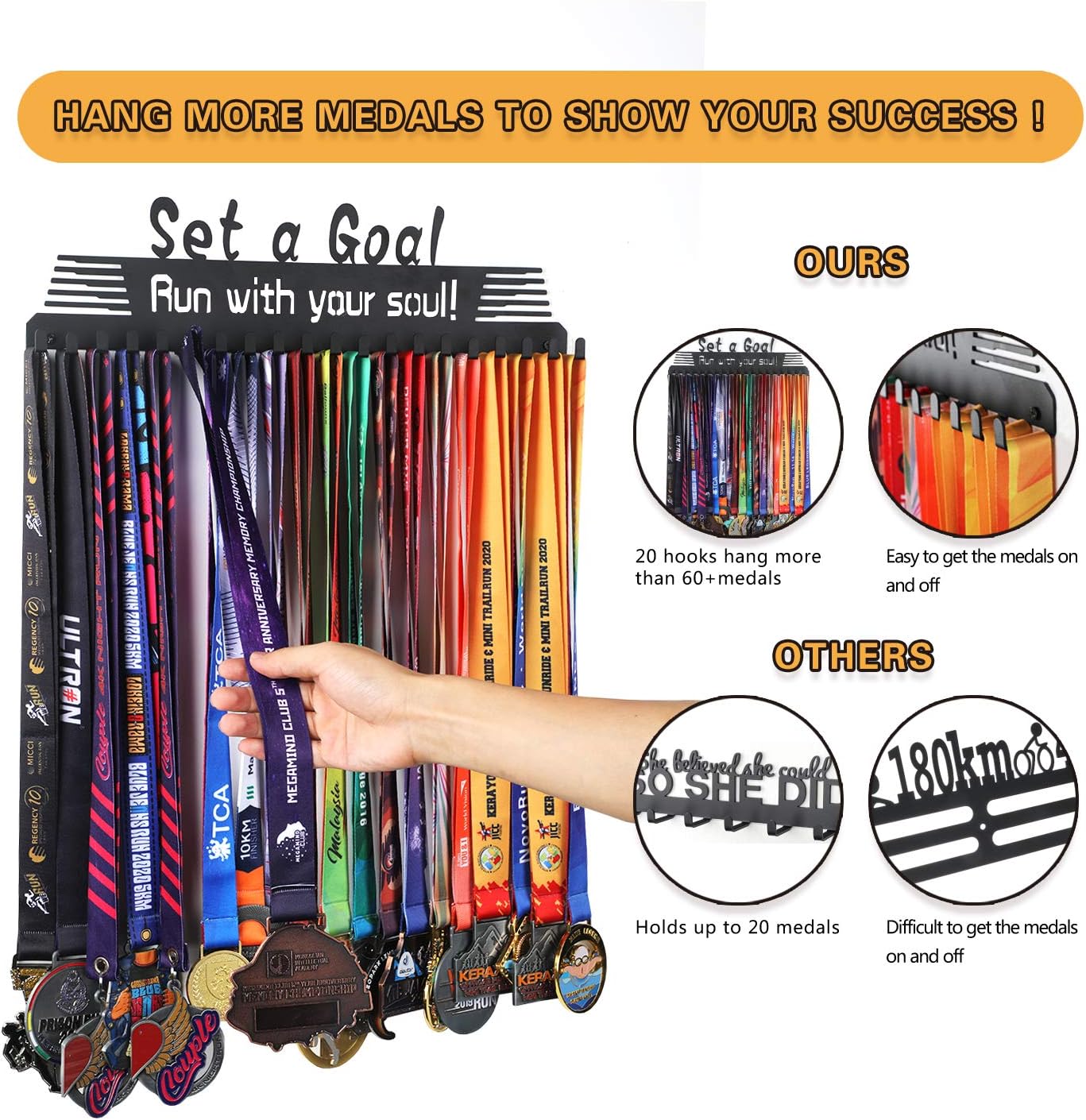 Skiennix Personalized Medal Holder - Custom Name Display Rack for 60 Awards & Ribbons | Metal Wall Mount Hanger