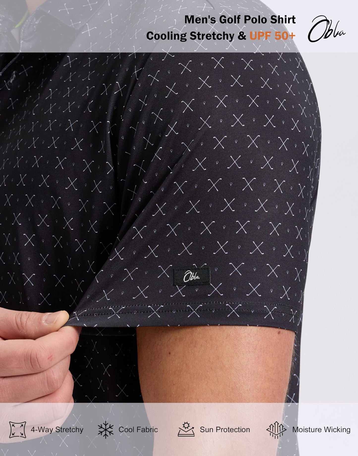 Obla Mens Golf Polo Shirts Short Sleeve Dry Fit Performance Moisture Wicking Casual Print Collared Golf Shirts for Men (Black Golf Clubs_L)