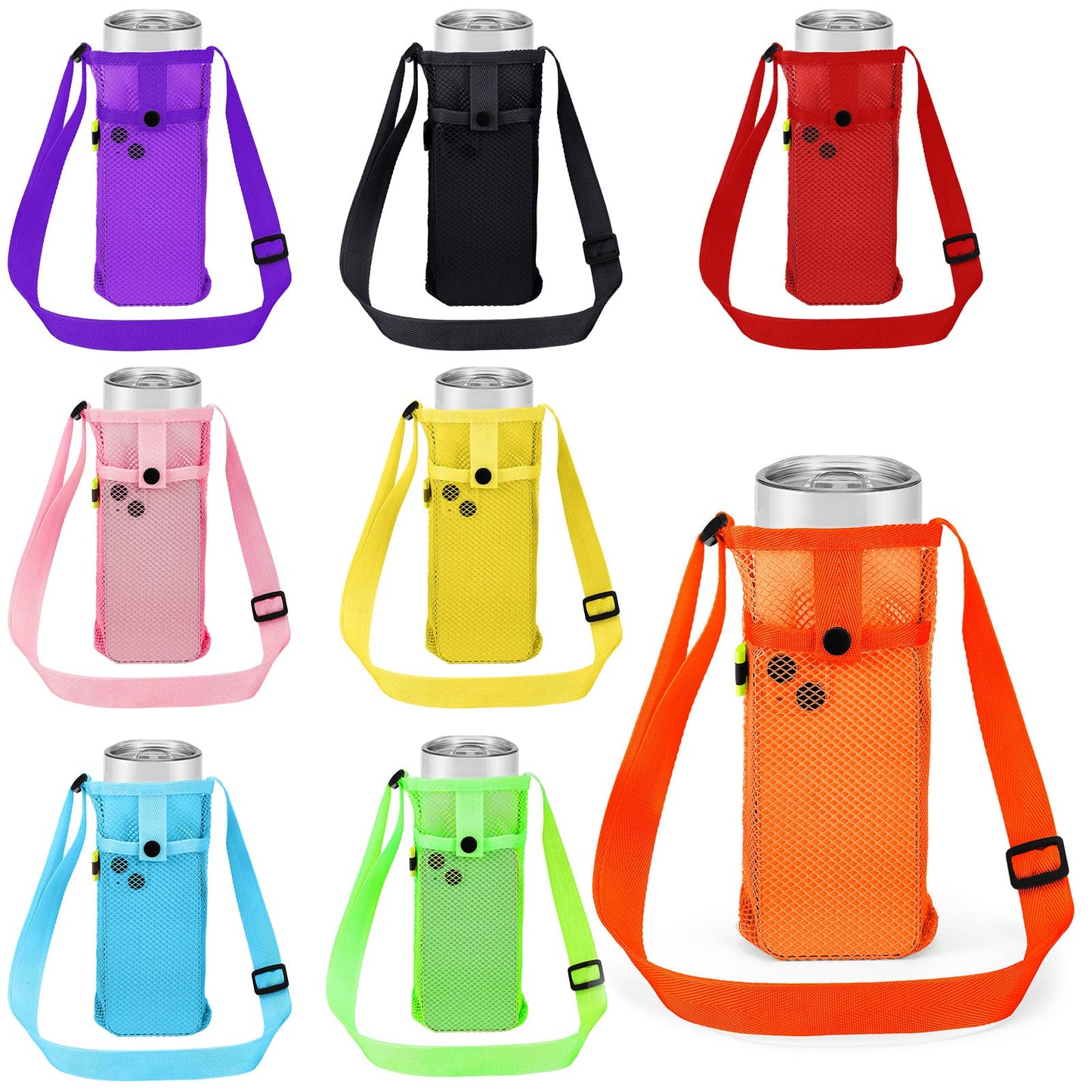 Tessco 8 Pcs Water Bottle Sling Holder with Adjustable Shoulder Strap Carrier Bag Mesh Sleeve Pouch for Walking Sports (Bright Colors, 11 x 4 Inch)