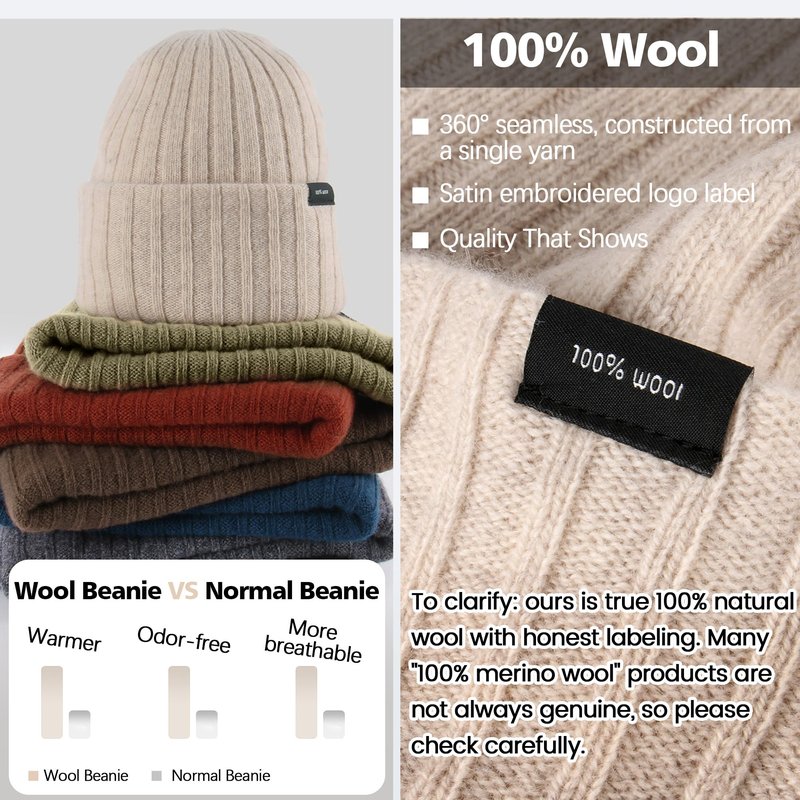 Ababalaya 100% Wool Beanie for Men Women Windproof Double Layer Super Cozy Knitted Cuffed Beanies Unisex Warm Winter Hat for Large Head/Big Head Hats, Oatmeal