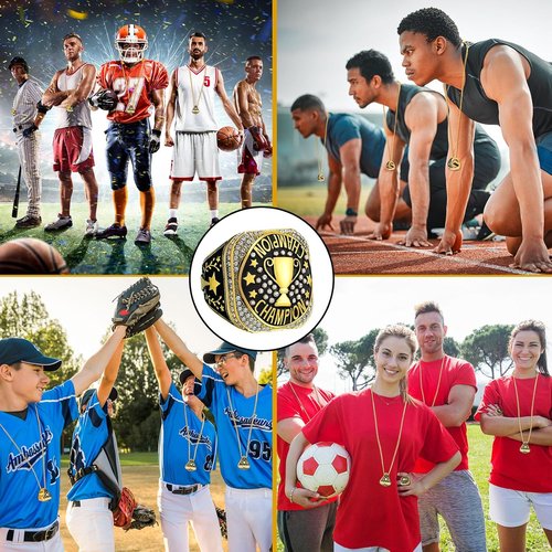 Highergo Championship Rings Set - 20 Pcs Sports Trophy Rings with Display Chain & Stand | Ideal for Tournaments