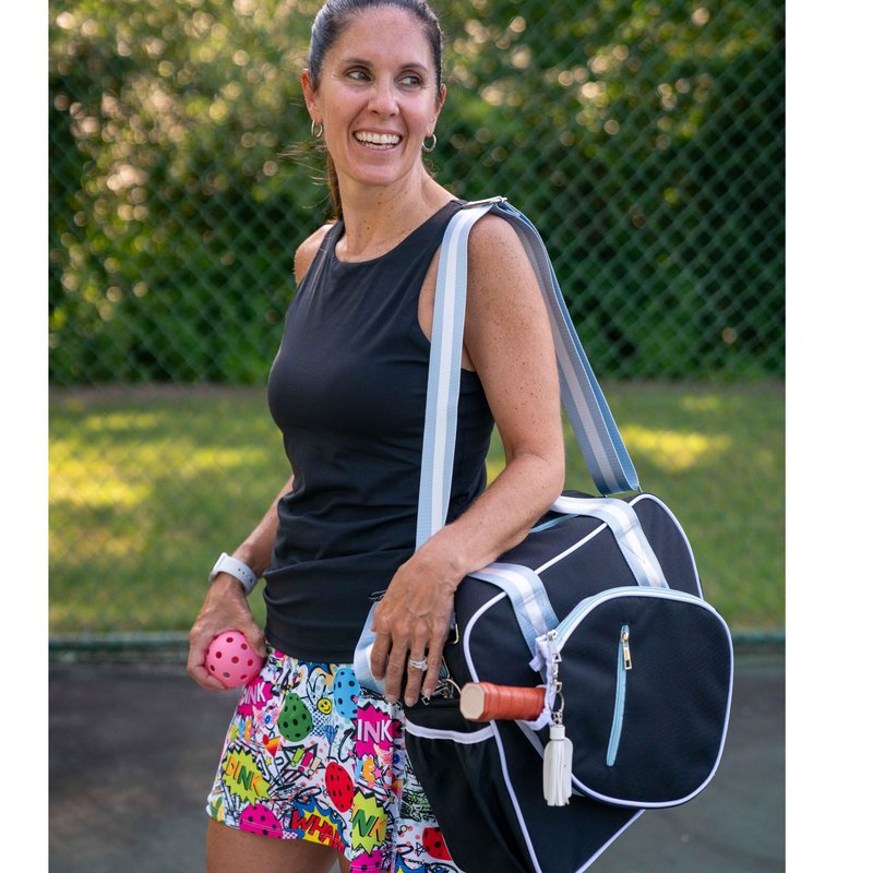 Queen of the Court Prepster Pickleball Bags for Women with Fence Hook - Cute Yet Functional Black Pickleball Tote Bag with Compartments for Water Bottle, Paddles, Balls & Accessories (Black)