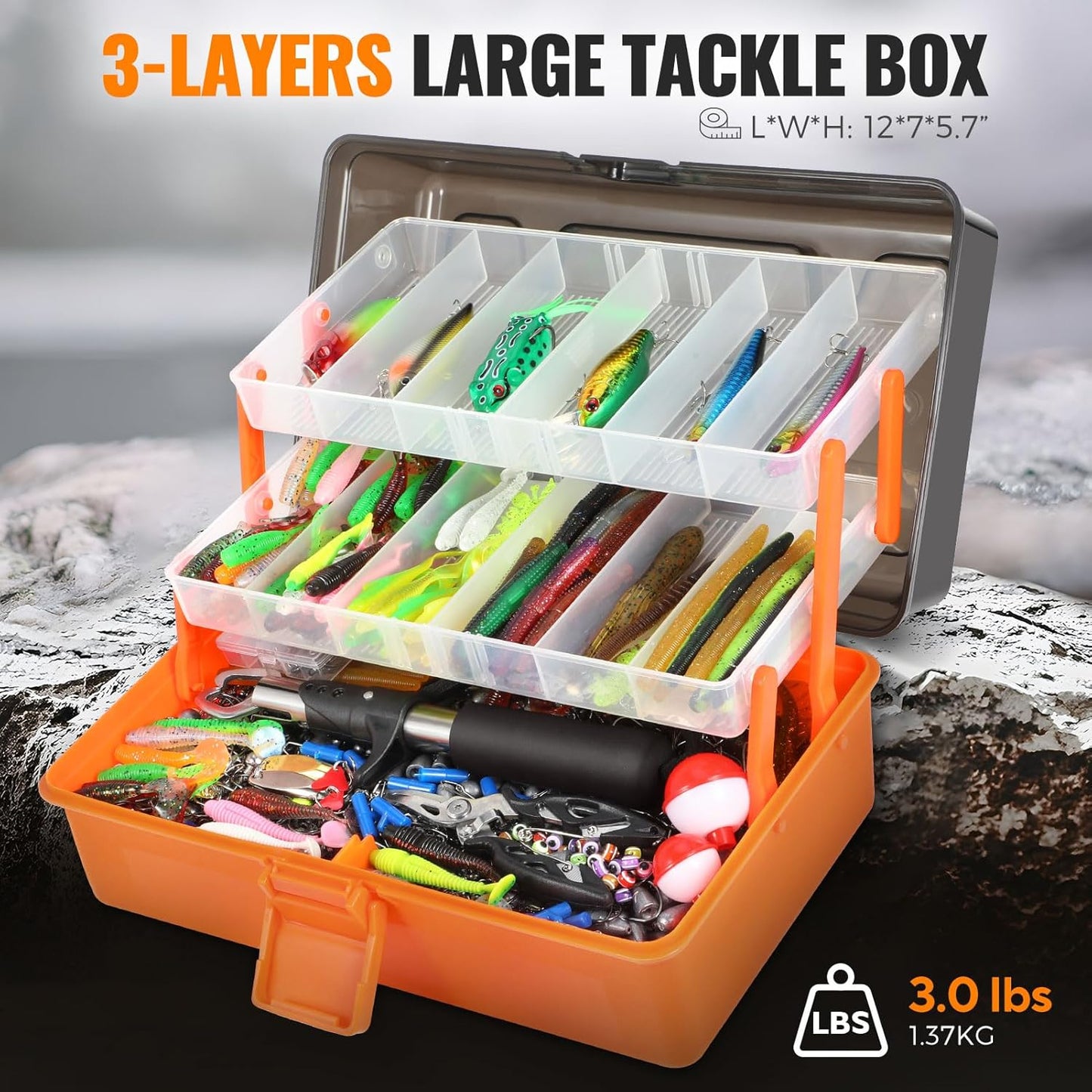 PLUSINNO Large Fishing Tackle Box - 3 Layers with 415Pcs Lures, Pliers, Hooks & Accessories | Perfect Gift for Men