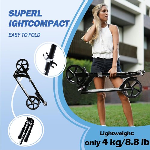 Kick Scooter - Adjustable Handlebars & Rear Brake | Big Wheel Foldable for Kids 6+ & Teens
