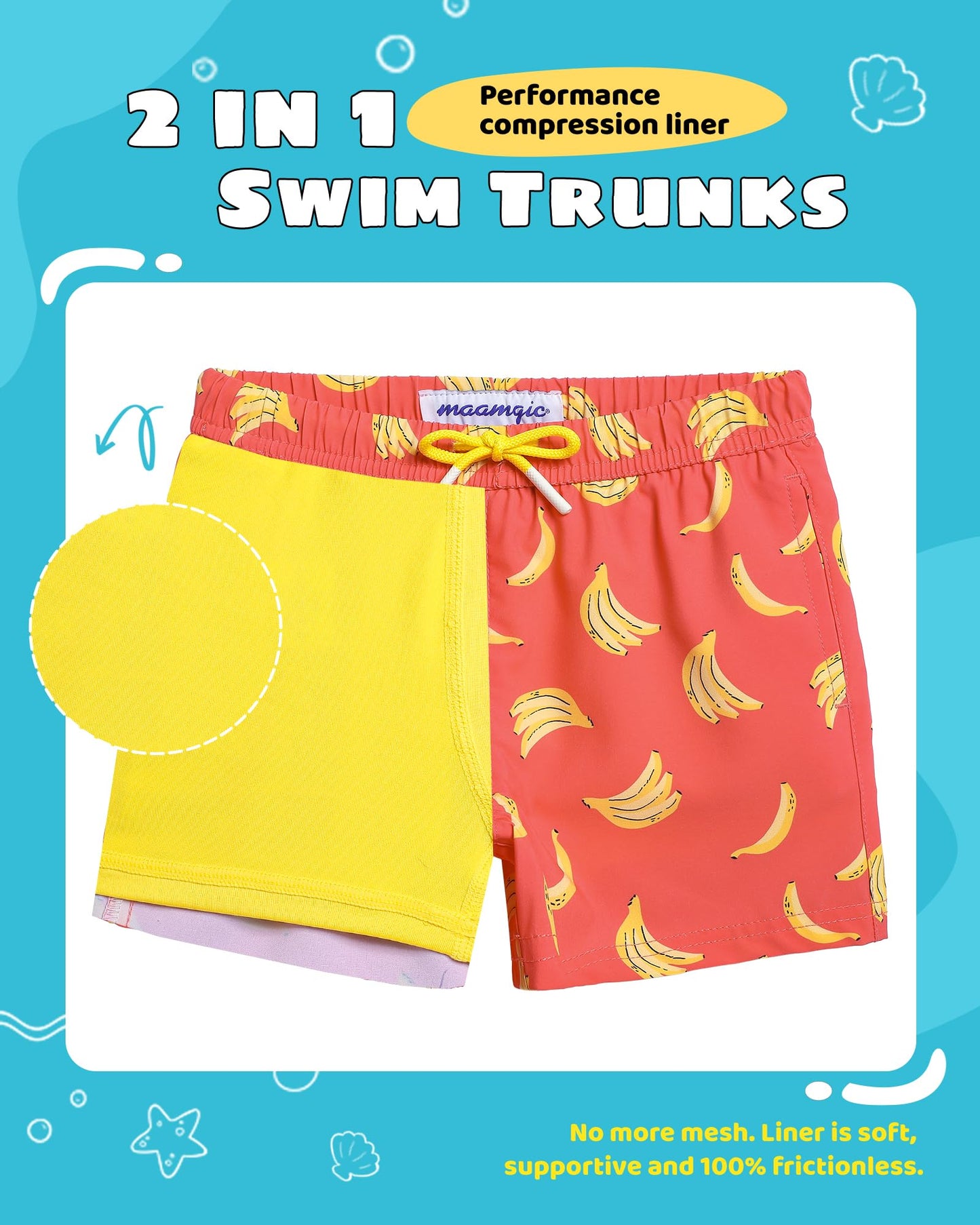 maamgic Boys Swim Trunks with Compression Liner Toddler Stretch Swim Shorts Quick Dry Swimming Trunks Boxer Brief 2 in 1 Beach Shorts Orange Banana 3T