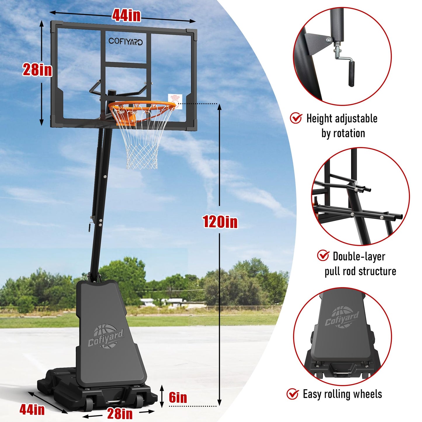 Cofiyard Basketball Hoop Outdoor with 44/48/54 Inch Shatterproof Backboard,10FT Height Portable Basketball Hoop with Sandbag, Adjustable Basketball Goal with Wheels 44 inch Multi