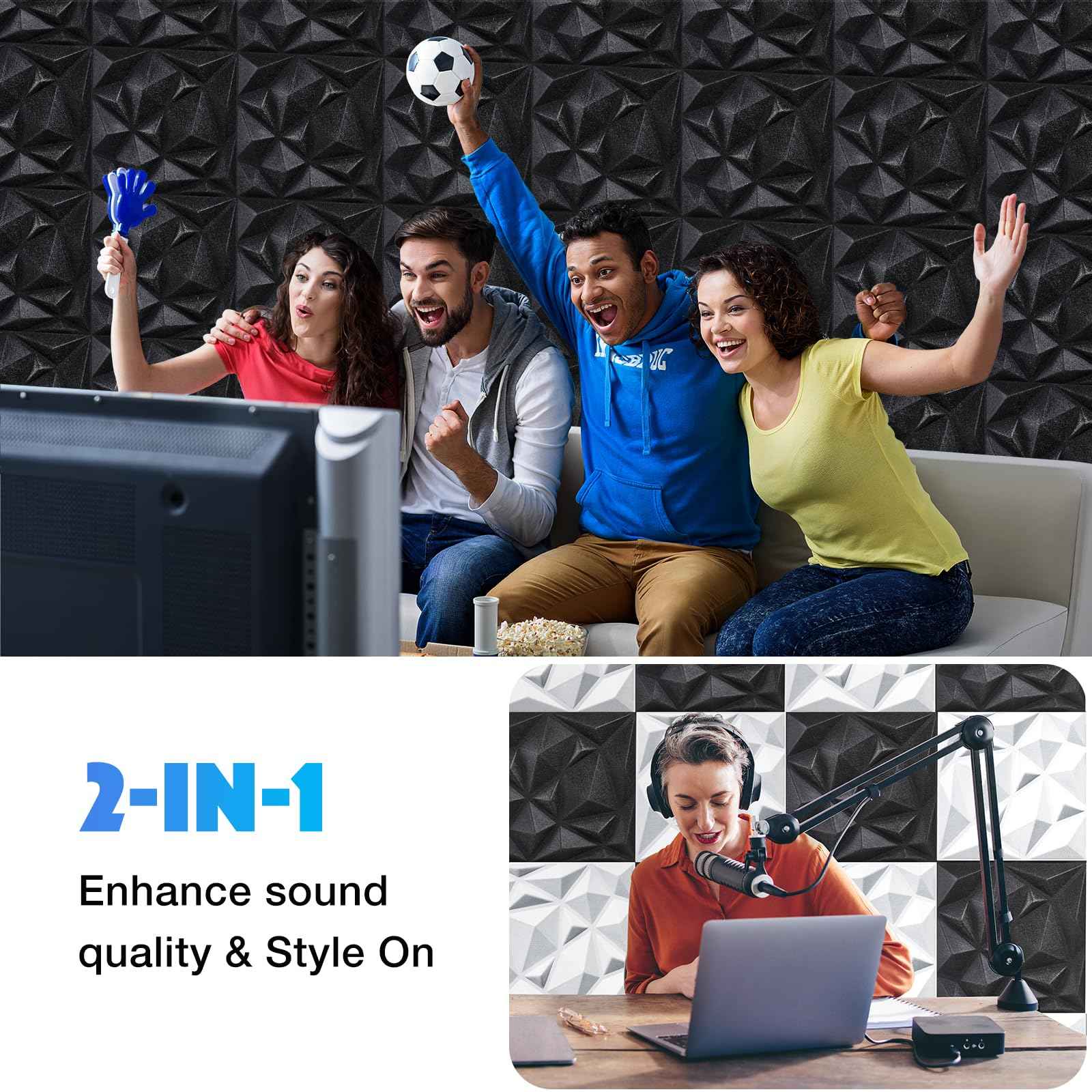 Acoustic 3D Wall Panels,24 Pack Sound Proof Felt Panels for Interior Wall Décor, Hollow Sound Absorbing Panel for Studio, Living Room, Home, Hotel, 12''x12'' Cover 24 sq ft (Black, 24 Pack)