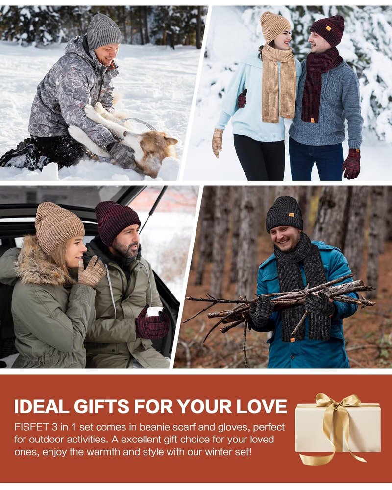Winter Hat Gloves Scarf Set for Men Women, Mens Beanie with Fleece Lined Long Thick Scarf Touchscreen Gloves for Cold Weather, 3 in 1 Warm Gift Set(A-10)