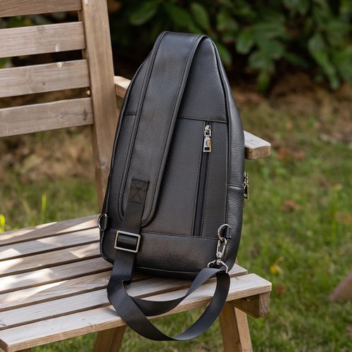 Polare Cowhide Italian Leather Sling Chest Shoulder Bag Waterproof Anti Theft Crossbody Casual Daypack (Black)